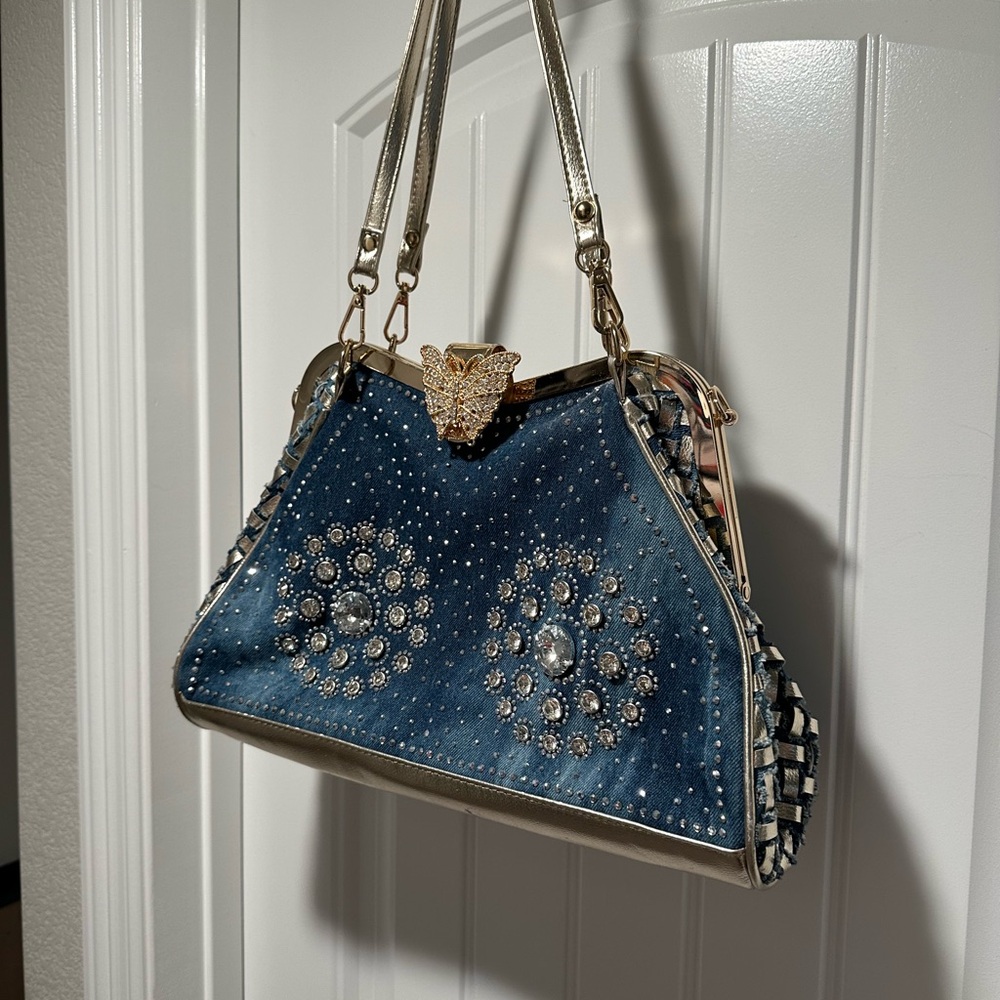New Denim Rhinestone Bling Hinged Shoulder Bag wGold Rhinestone Butterfly Clasp